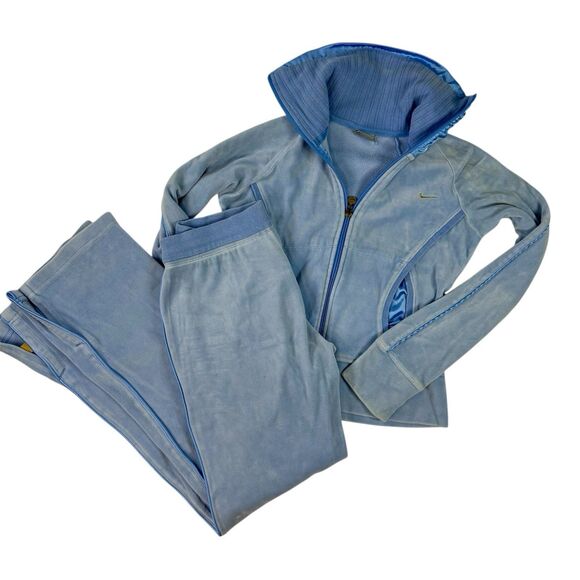 Vintage Nike Womens Velour Tracksuit Blue Flare Pants Jacket Y2K 2 Piece Size XS